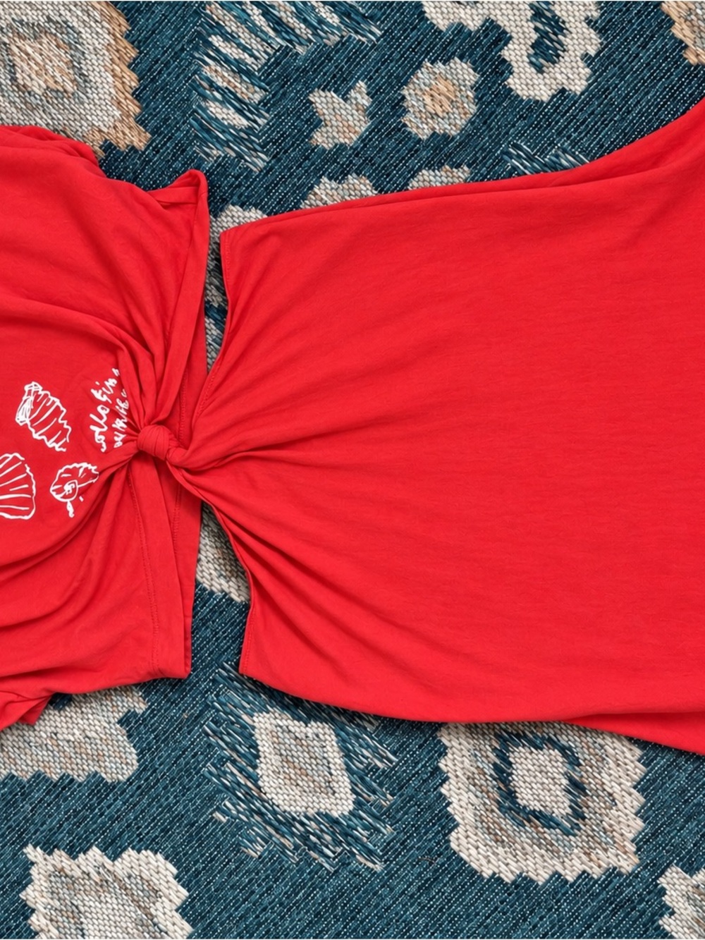 Red Celanine knotted tunic dress with shell graphic, size M